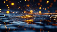 Water drop splash creating golden ripples with bokeh lights and water reflections against dark background, macro photography capturing liquid motion and light effects.
