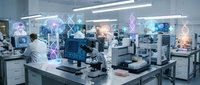 Modern laboratory with scientist using advanced microscope surrounded by holographic data visualizations and digital interface elements in high-tech research facility.