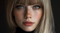 Young blonde woman with blue eyes and freckles looking directly at camera with natural makeup and bob haircut against dark background for portrait photography.