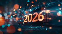 Glowing numbers 2026 with futuristic light effects, bokeh circles and digital network lines on dark background for business and technology concepts.