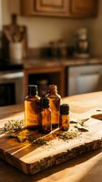 Amber glass essential oil bottles with dried herbs on rustic wooden cutting board in warm kitchen setting for natural wellness and aromatherapy products.