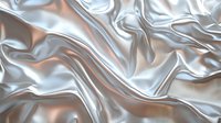 Luxurious silver silk fabric with elegant folds and waves creating dynamic light and shadow effects. Smooth metallic textile surface with flowing curves and wrinkles.