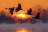 Silhouettes of sandhill cranes flying over misty lake at sunrise with vibrant orange sky, creating dramatic wildlife scene for nature photography.