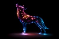 Glowing wolf silhouette with constellation effect in vibrant purple and blue neon colors against dark background, created with connected light points and lines.