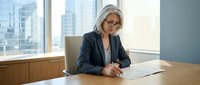 Professional mature businesswoman with gray hair and glasses reviewing documents at conference table in modern office with city view.