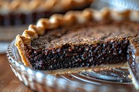 Rich chocolate fudge pie with flaky golden crust served in glass pie dish, extreme close up showing dense, moist texture and glistening surface.