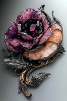 Ornate purple and copper rose with intricate metallic details and baroque flourishes against gray background, featuring dramatic light and shadow effects.