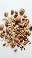 Mixed nuts and seeds collection on white textured background for healthy snacking, cooking recipes, nutrition concepts and food photography projects.