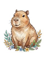 Cute capybara with friendly expression surrounded by decorative foliage and flowers, isolated on white background for children's designs, apparel, and stickers.
