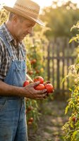 Senior Caucasian farmer in straw hat and overalls holding fresh red tomatoes in sunny garden during golden hour harvest time in backyard vegetable patch.