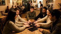Diverse group of young adults playing board game together in cozy cafe with warm lighting and casual atmosphere for social entertainment and friendship.