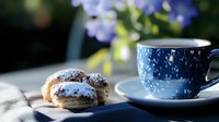 Freshly baked cream puff dusted with powdered sugar alongside blue ceramic coffee cup and saucer on table with soft natural lighting and floral background.
