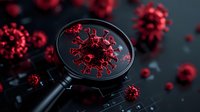 Red virus cells under magnifying glass on dark background, scientific research concept for medical and healthcare visualization, microscopic pathogen study.