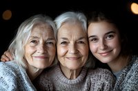 Three generations of women smiling together - grandmother, great grandmother and teenage granddaughter showing family bonds and connection through warm genuine expressions.