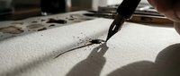 Calligrapher holding brush pen creating ink strokes on textured white paper with natural light casting shadows, artistic writing and lettering practice.