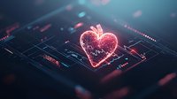Glowing neon heart shape on electronic circuit board background with digital technology elements in dark blue and red color scheme for tech love concept.