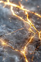 Glowing golden cracks on dark stone surface with magical light effects and sparkling particles, creating mysterious abstract pattern for fantasy backgrounds.