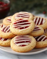 Homemade jam thumbprint cookies with white chocolate drizzle arranged on plate for holiday baking and festive dessert celebrations.