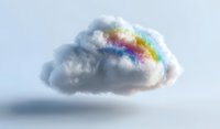 Fluffy white cloud with vibrant rainbow colors shining through, floating against light blue background. Dreamy atmospheric weather phenomenon visualization.