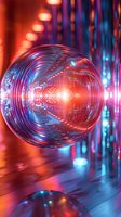 Glowing sphere with neon red and blue light trails creating futuristic tunnel effect against dark background, reflective surface adds depth and dimension.