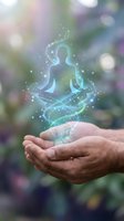 Hands holding glowing meditation figure with sparkles and energy swirls for wellness, mindfulness and spiritual healing concepts on blurred background.