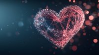 Glowing pink heart shape formed by connected dots and lines on dark background with bokeh effect, digital network visualization for Valentine's Day designs.