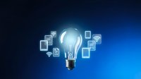 Glowing light bulb with digital technology icons and wifi symbols on blue gradient background representing innovation and smart connectivity solutions.