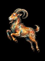 Watercolor leaping goat with ornate swirl details in warm amber and teal tones, isolated on transparent background, ready for stickers, t-shirt design, and print on demand.