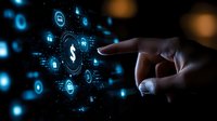 Hand pointing at glowing digital dollar sign with financial technology icons and data visualization elements on dark background for fintech applications.