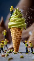 Miniature construction workers in safety vests decorating giant pistachio ice cream cone with nuts, creative food photography concept for dessert industry.