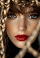 Close-up portrait of a woman with bright blue eyes and red lipstick seen through golden chain links, featuring dramatic makeup and striking contrast.