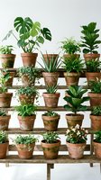 Collection of various green houseplants in terracotta pots arranged on wooden shelves creating urban jungle garden display for home decor and interior design.