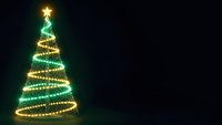 Glowing Christmas tree made of golden and green light trails with bright star on top against dark background for holiday greeting cards and festive decorations.