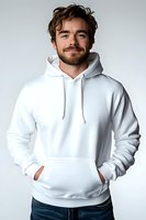 Young Caucasian man with beard wearing white blank hoodie mockup and jeans, smiling at camera against light background. Great for apparel design presentations.