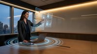 Woman in business attire interacting with holographic interface in modern office with city skyline view, demonstrating future technology and digital innovation for corporate environments.