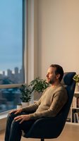 Man in beige sweater sitting in black chair by window overlooking city skyline, relaxing in modern office or home interior with natural light and potted plant.