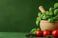 Fresh basil leaves in wooden mortar with pestle, ripe red tomatoes and black peppercorns on green background, traditional Italian cuisine ingredients.