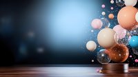 Festive spheres with glitter and sparkles floating above reflective surface against blue gradient background, modern holiday composition with magical glow effect.