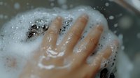 Close-up of wet hand covered in soap bubbles and foam against blurred background, showing personal hygiene and cleanliness concept in soft lighting.