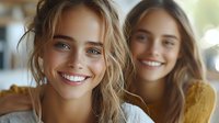 Young Caucasian women with bright genuine smiles wearing yellow sweaters, close-up portrait showing natural beauty, friendship and joy. Lifestyle photography for wellness and happiness concepts.