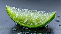Fresh aloe vera leaf slice with transparent gel and water drops on dark background, natural organic skincare and wellness ingredient.