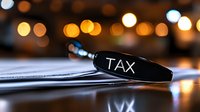 Black pen with word tax written on paper document against blurred bokeh lights background, business and finance concept for taxation season.
