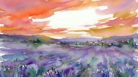 Watercolor painting of lavender fields at sunset with purple flowers, rolling hills, and dramatic orange pink sky creating peaceful countryside landscape.