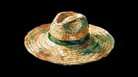 Woven straw sombrero with green and tan striped band, isolated on transparent background. Ready for clipart, t-shirt design, print-on-demand products, stickers, and sublimation projects.