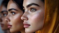 Young woman with freckles and natural makeup in profile view against golden background, soft lighting creates dramatic mood and highlights facial features.