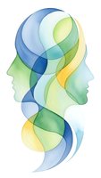 Watercolor human profiles with flowing abstract shapes in blue green yellow tones representing mental health psychology and inner thoughts on white background.