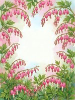Watercolor floral frame with pink bleeding heart flowers and green leaves, soft pastel background with copy space for text or design.
