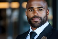 African American businessman in black suit and tie smiling confidently at camera. Professional corporate headshot with soft bokeh background showing leadership and success.