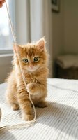 Adorable orange tabby kitten playing with yarn string on white blanket near sunny window. Cute fluffy pet with bright eyes enjoying playtime indoors.
