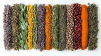 Colorful rows of dried herbs, spices, and aromatic plants arranged in parallel lines showing variety of natural seasonings and cooking ingredients on white background.